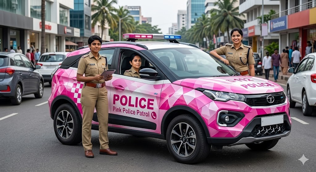 ピンク色のパトロールカーで巡回するインドの女性警察官たち